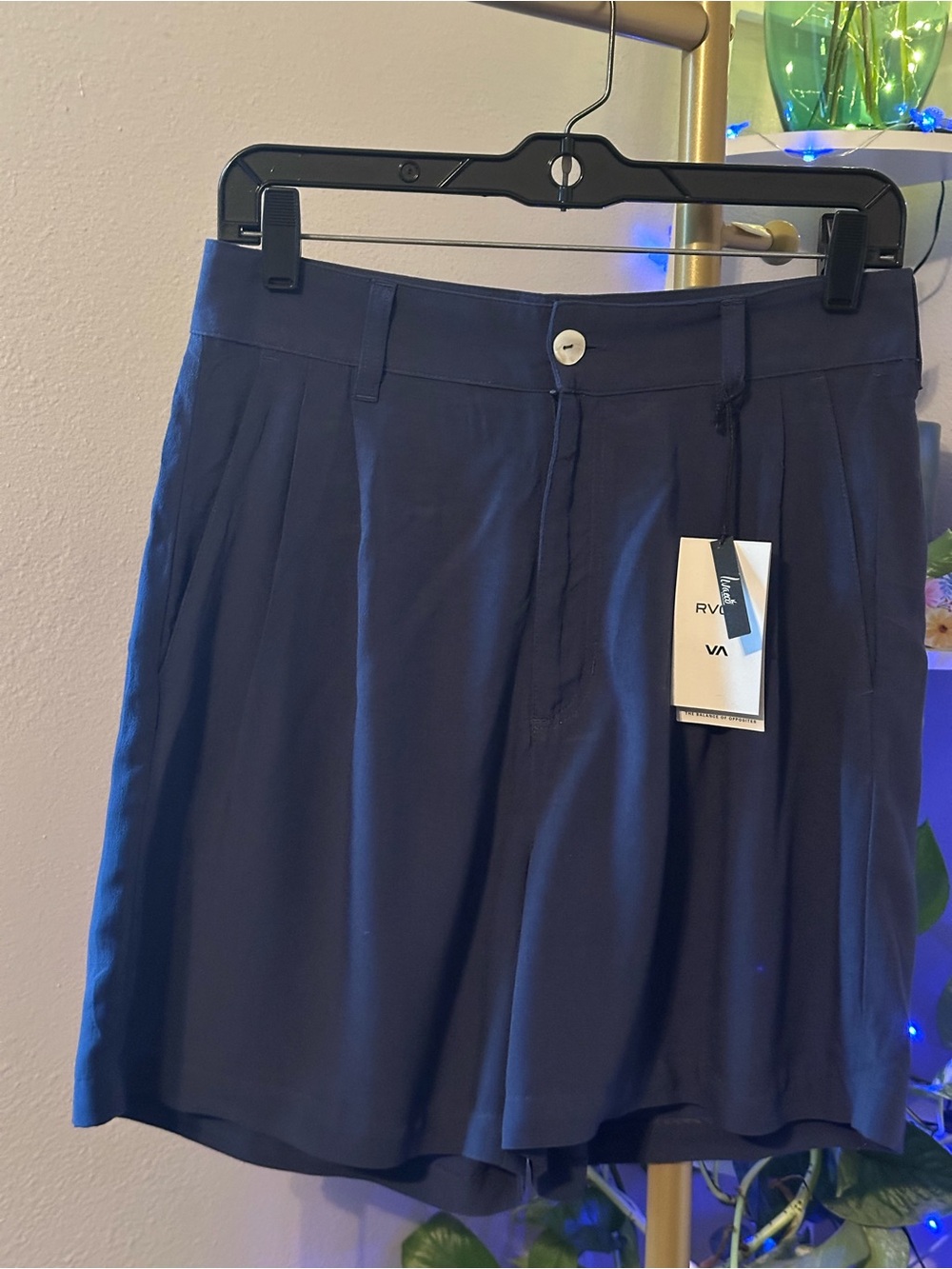 RVCA Navy Pleated High-Rise Shorts